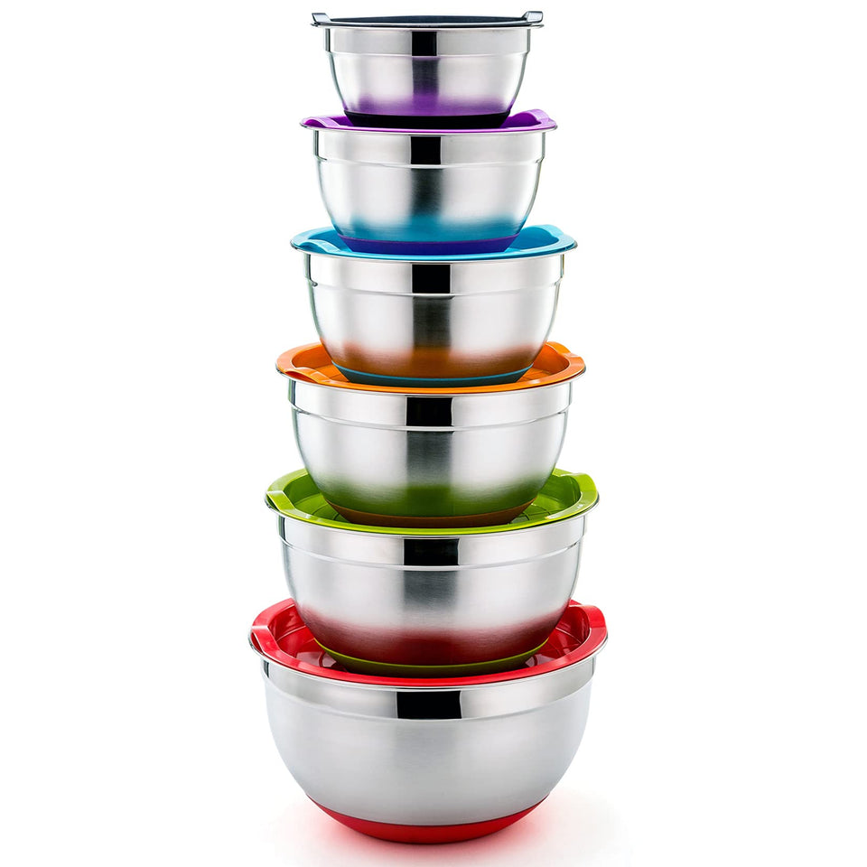 P&P CHEF mixing bowls with lids in stainless steel for precise prep and airtight storage.