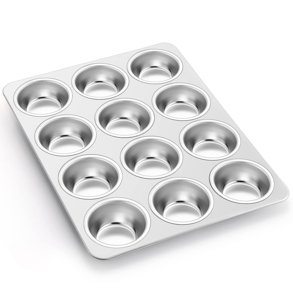 P&P CHEF muffin pan with 12 cups ready for batch baking muffins