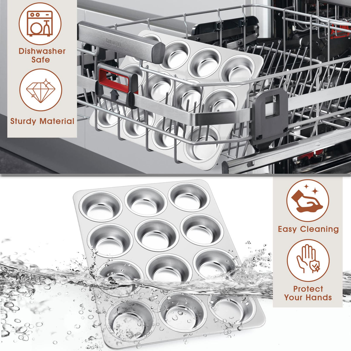 P&P CHEF muffin pan dishwasher-safe label indicates easy cleanup after baking