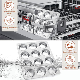 P&P CHEF muffin pan dishwasher-safe label indicates easy cleanup after baking