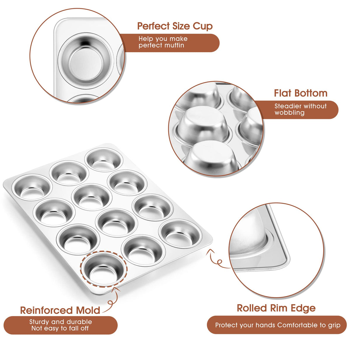 P&P CHEF muffin pan rolled rim edge for safe handling during transfers