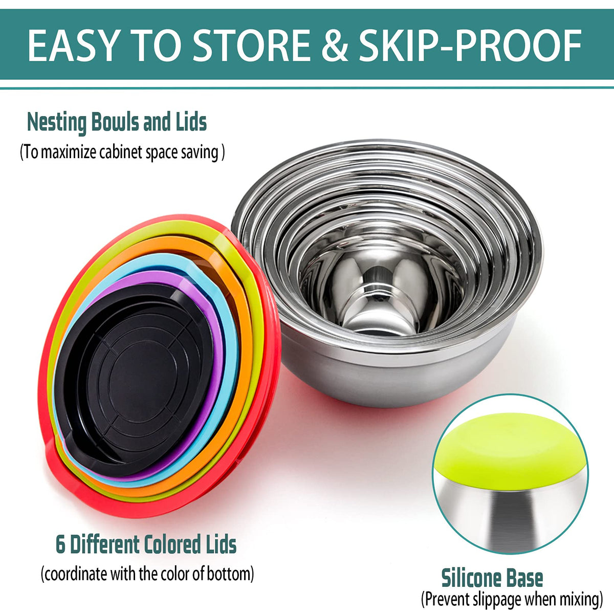 P&P CHEF nesting design bowls with lids save space and organize kitchen tools.