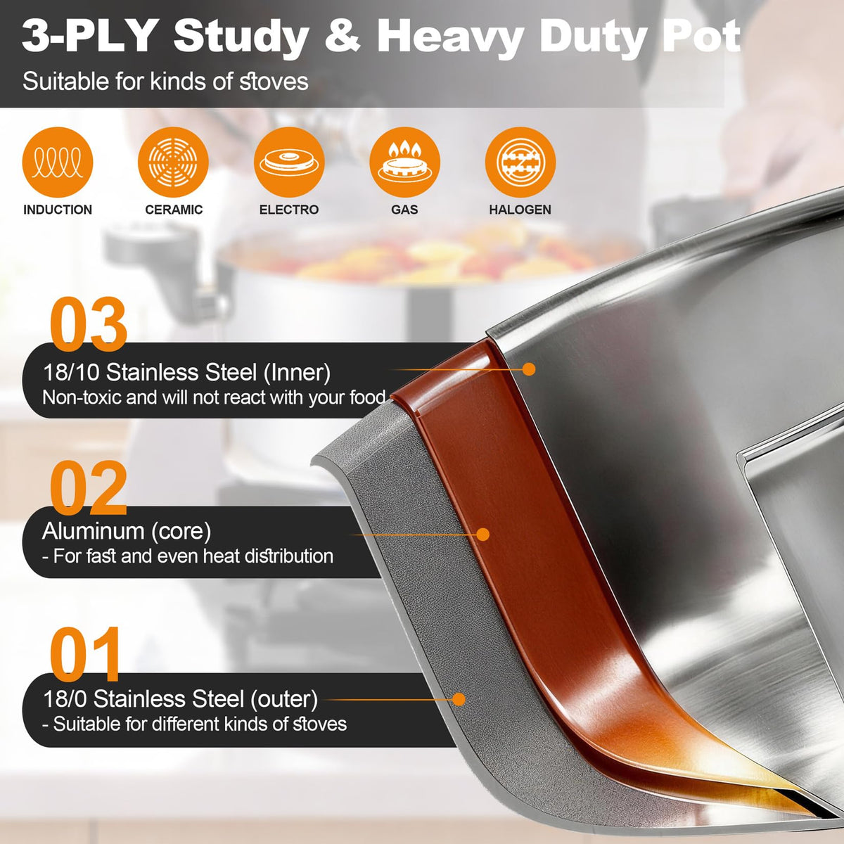 P&P CHEF pasta pot with heat-proof handles offers safe grip during draining.