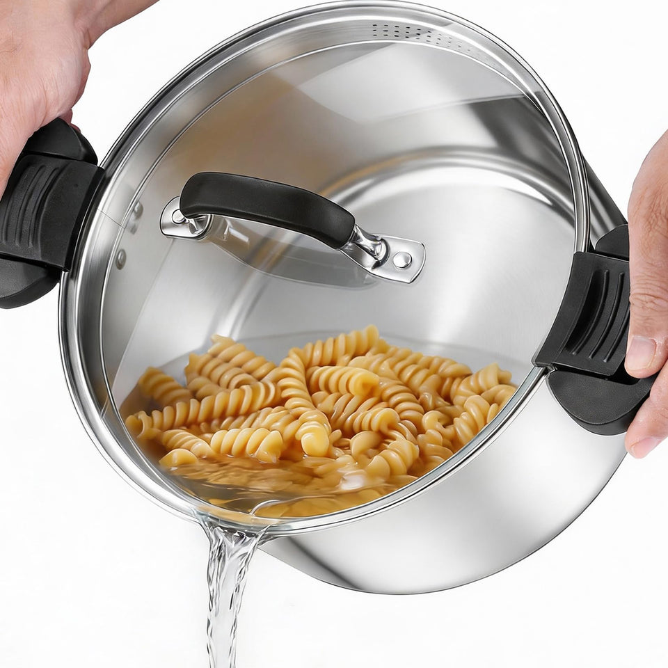 P&P CHEF pasta pot with strainer lid for quick draining and easy visibility.