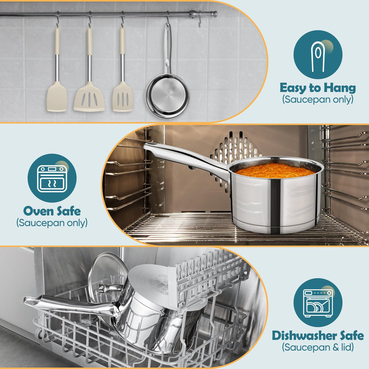 Transparent glass lid provides clear view of simmering pasta.