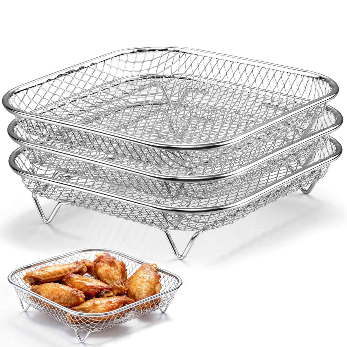 P&P CHEF square air fryer rack 7.72 inch set-3 supports even frying in compact spaces.