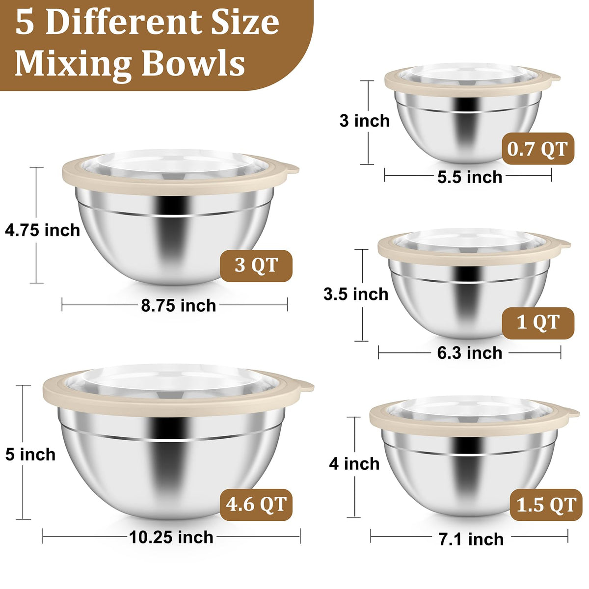 P&amp;P CHEF stainless steel nesting bowls save space when stacked neatly.