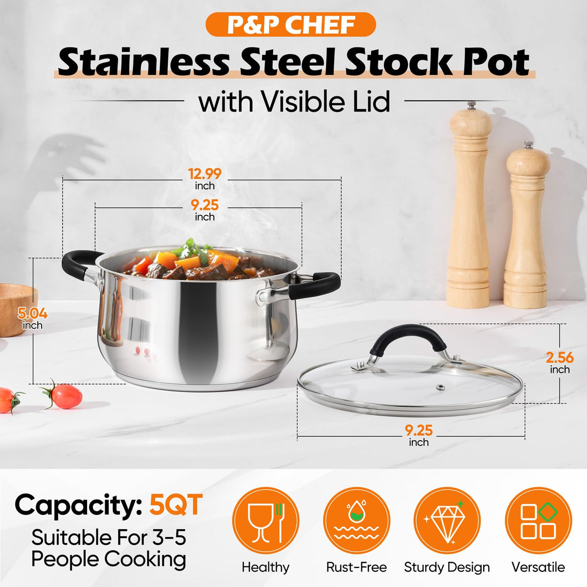 P&P CHEF stock pot lid provides clear visibility while monitoring simmering soups