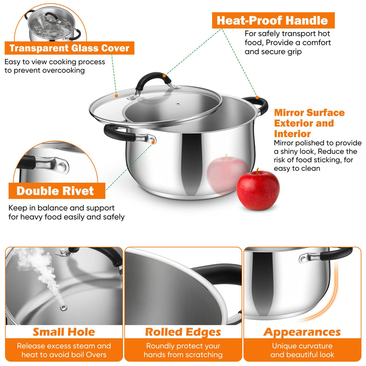 P&P CHEF stock pot tri ply bottom delivers fast, even heat distribution