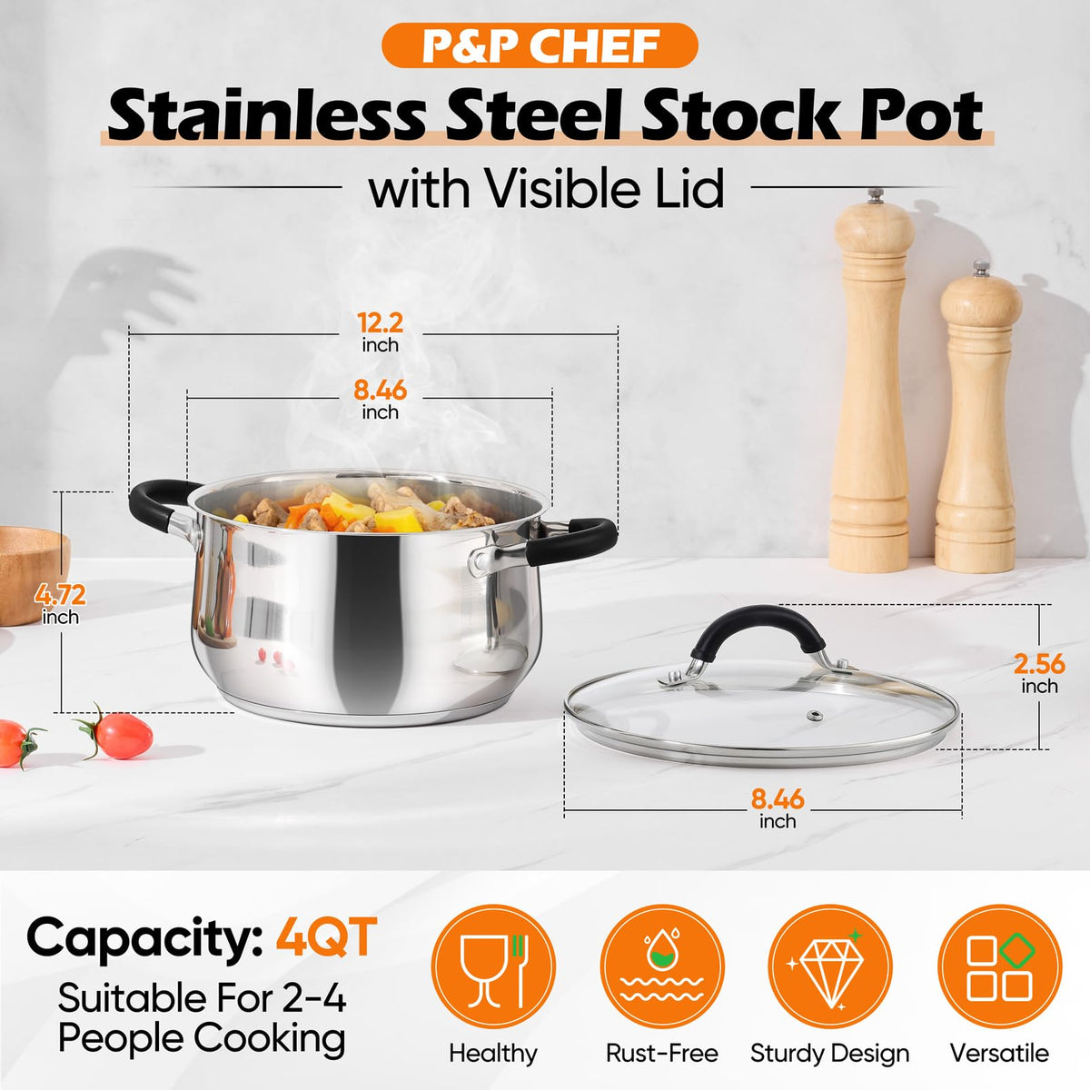 P&P CHEF stock pot side view highlighting sturdy construction and dual handles.