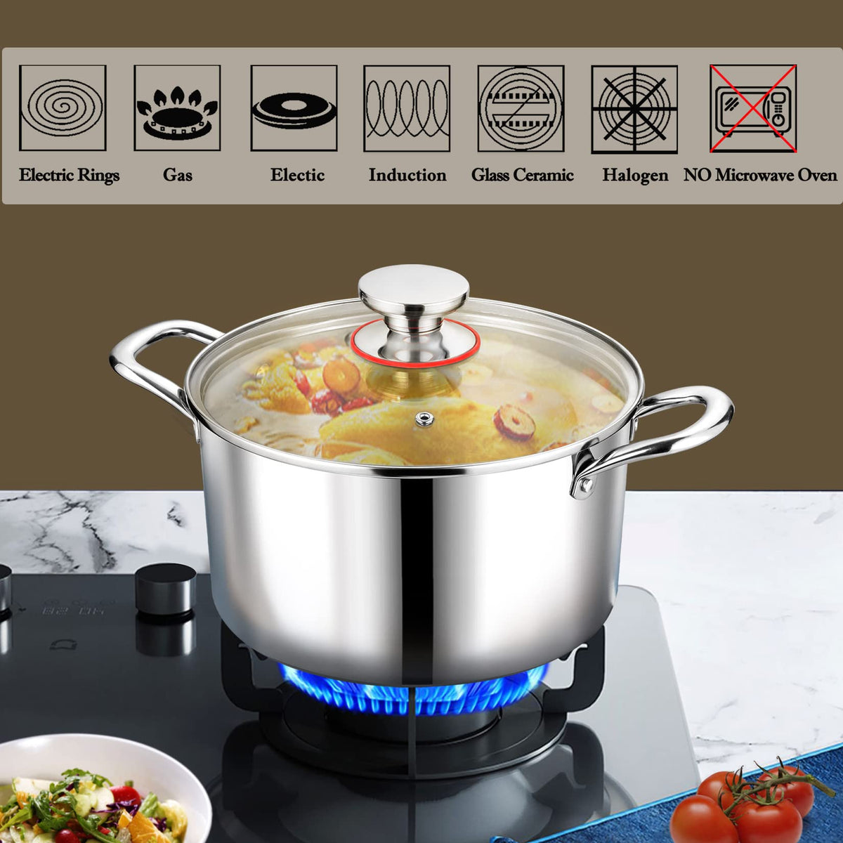 P&P CHEF stainless steel stock pot supports soups, stews, and pasta dishes.