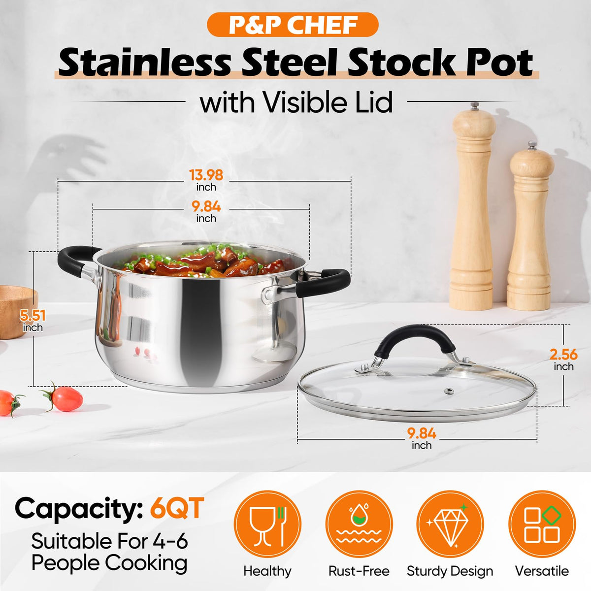 P&amp;P CHEF stock pot showing tri-ply bottom for even heating.