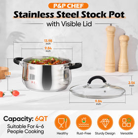 P&amp;P CHEF stock pot showing tri-ply bottom for even heating.