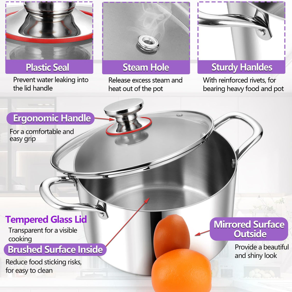 P&P CHEF stock pot features sturdy riveted handles for safe lifting.