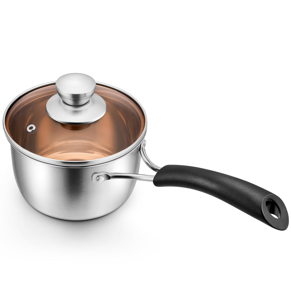P&P CHEF 1qt saucepan with glass lid showing visible cooking progress and control.
