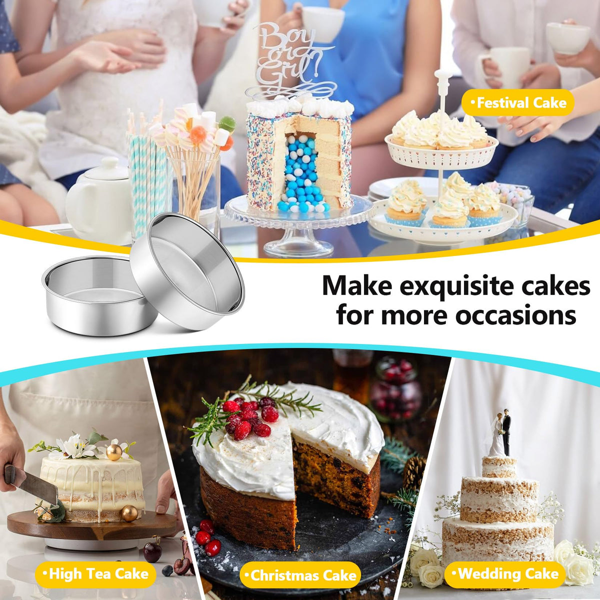 P&P CHEF 2-inch-deep rims prevent batter leaks for layer cakes.