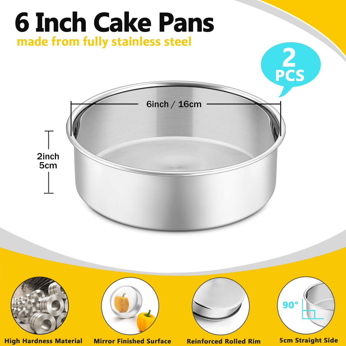 P&P CHEF 6-inch cake pan edge close-up, sturdy non-warp design.