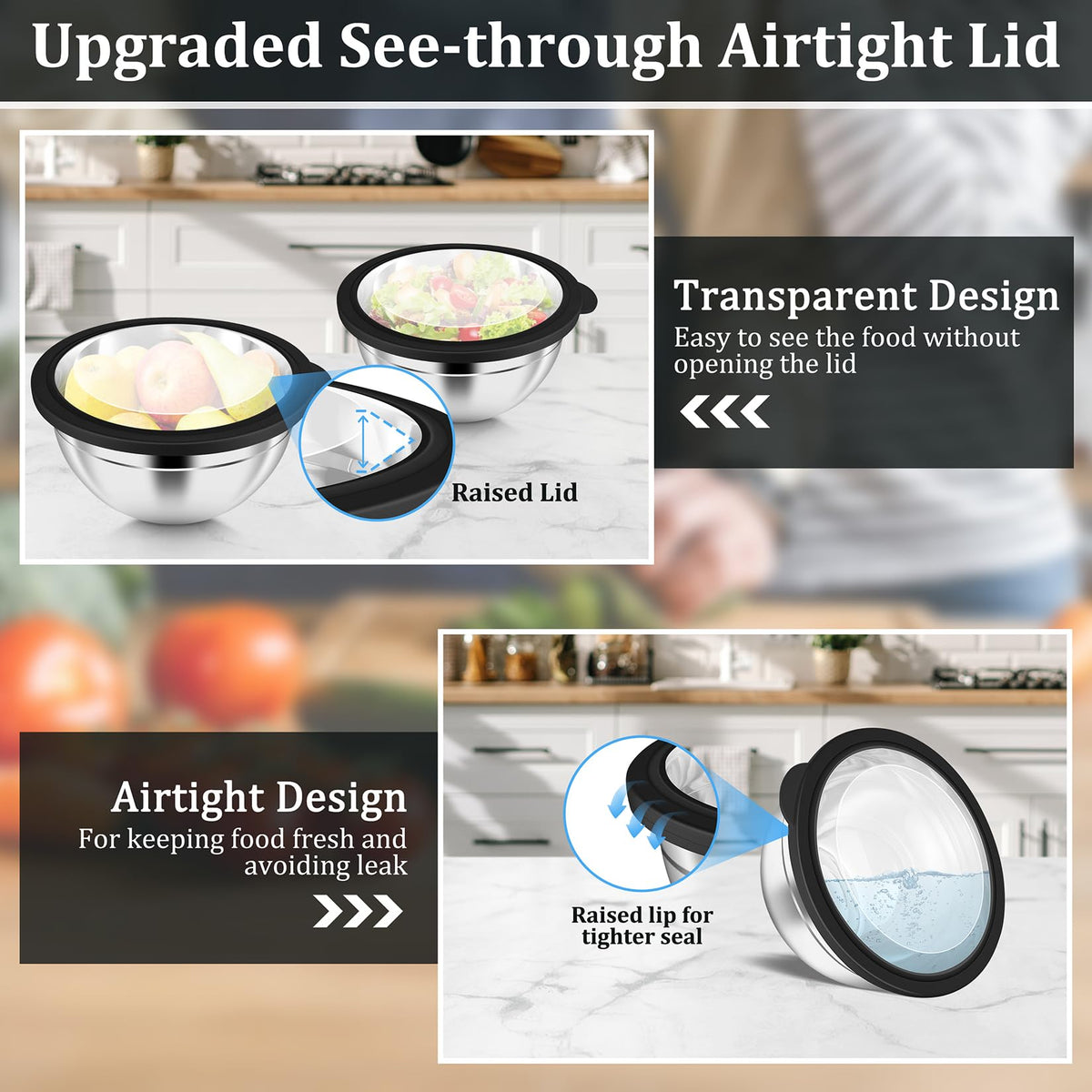 P&P CHEF deepened bowls reduce splashes during mixing.