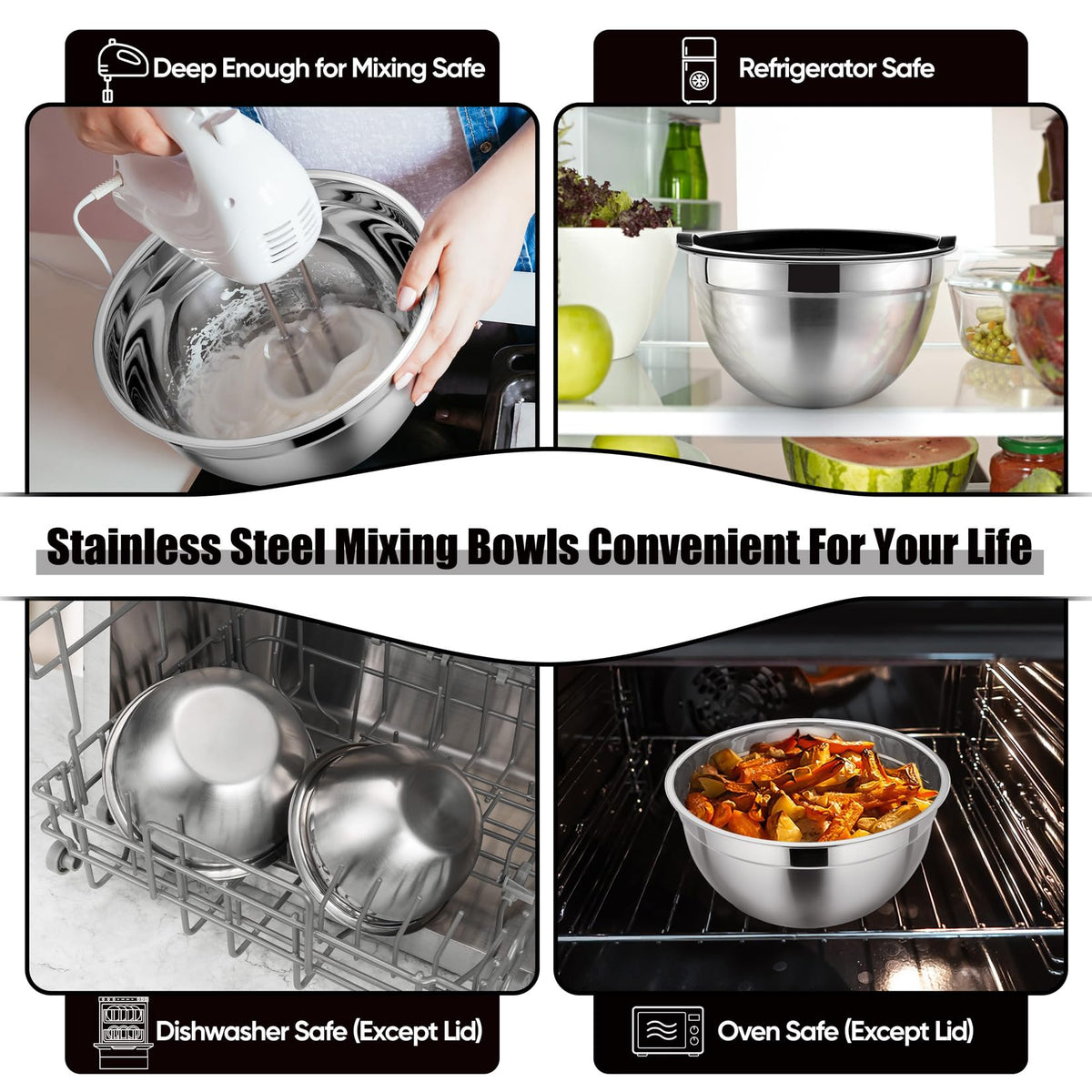 P&P CHEF bowls are dishwasher safe, simplifying cleanup after cooking.