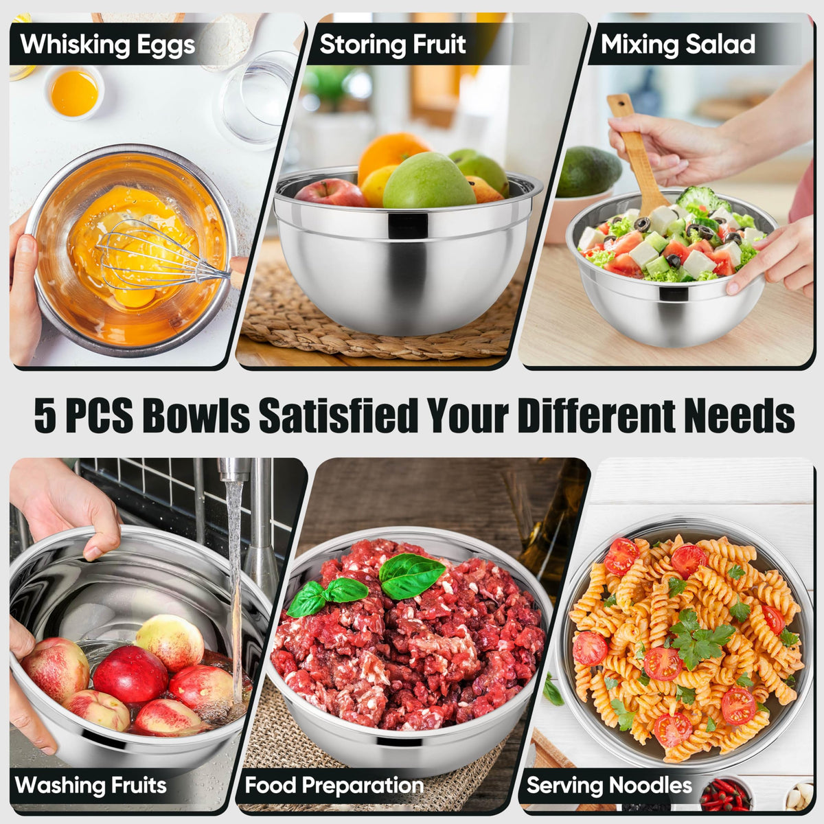 P&P CHEF bowls with flat bases stay steady during whisking and mixing.