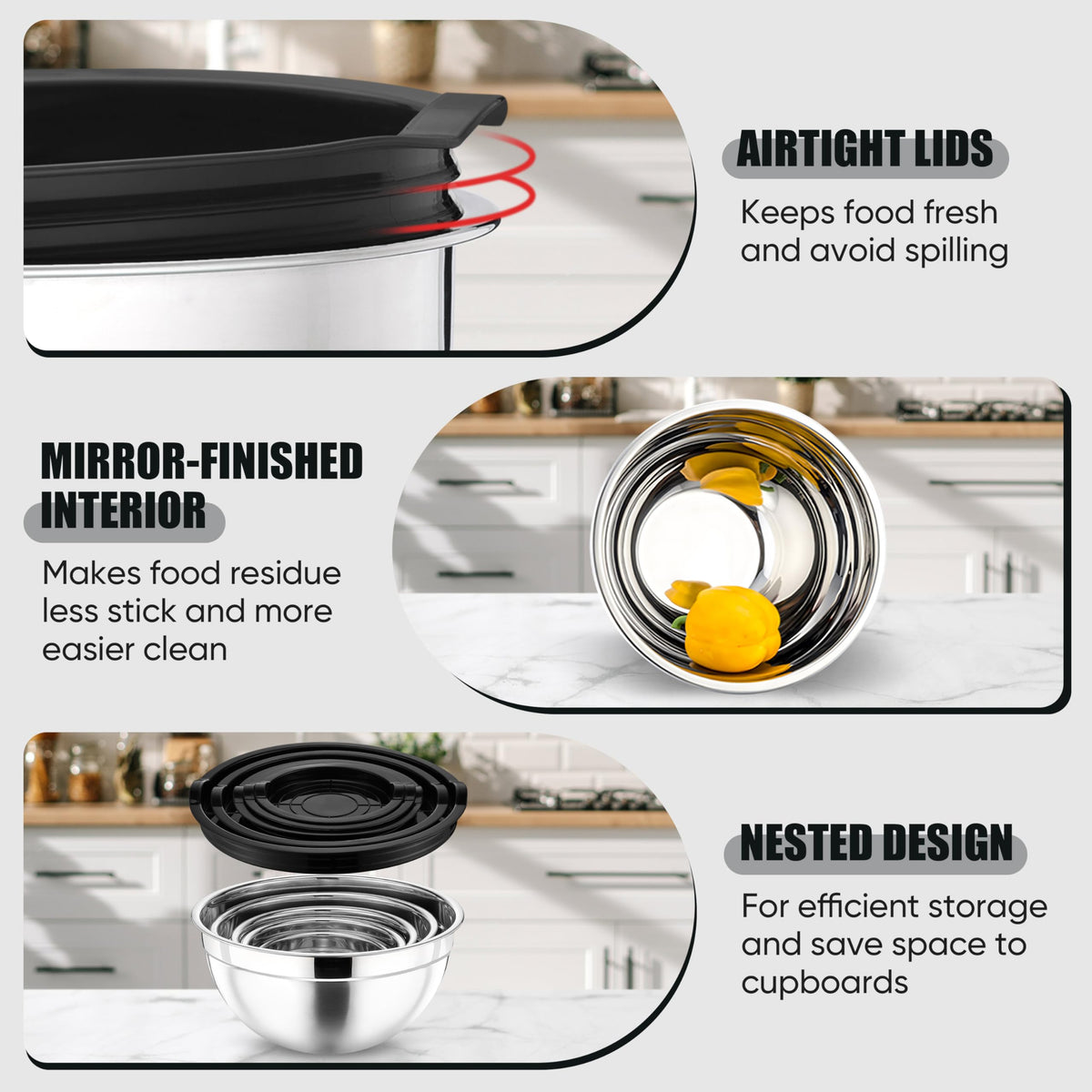 P&P CHEF bowls feature a mirror-finish interior that releases food with ease.
