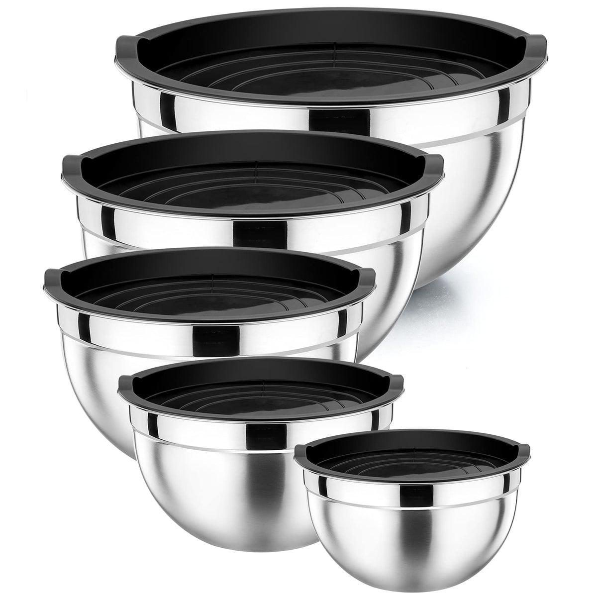 P&P CHEF mixing bowls with lids in black provide airtight prep and storage options.