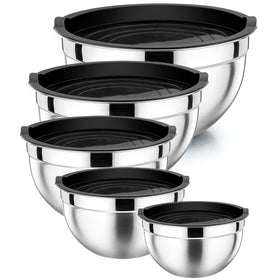 P&P CHEF mixing bowls with lids in black provide airtight prep and storage options.