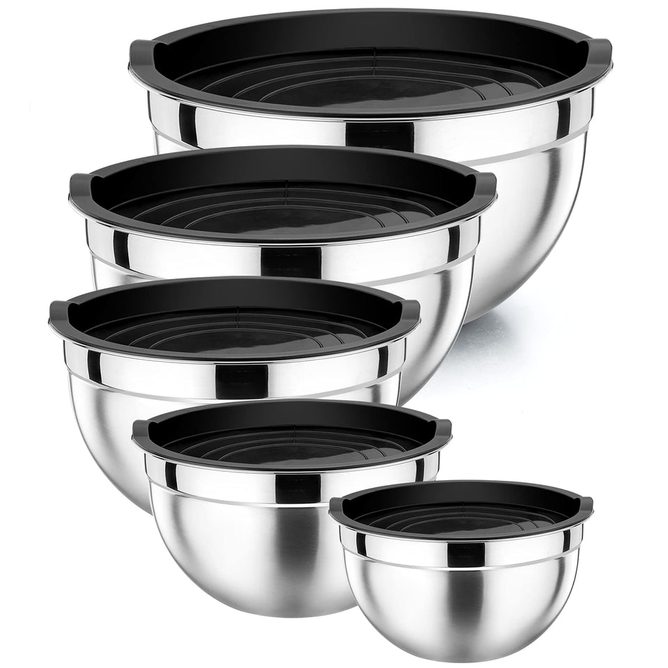 P&P CHEF mixing bowls with lids in black provide airtight prep and storage options.