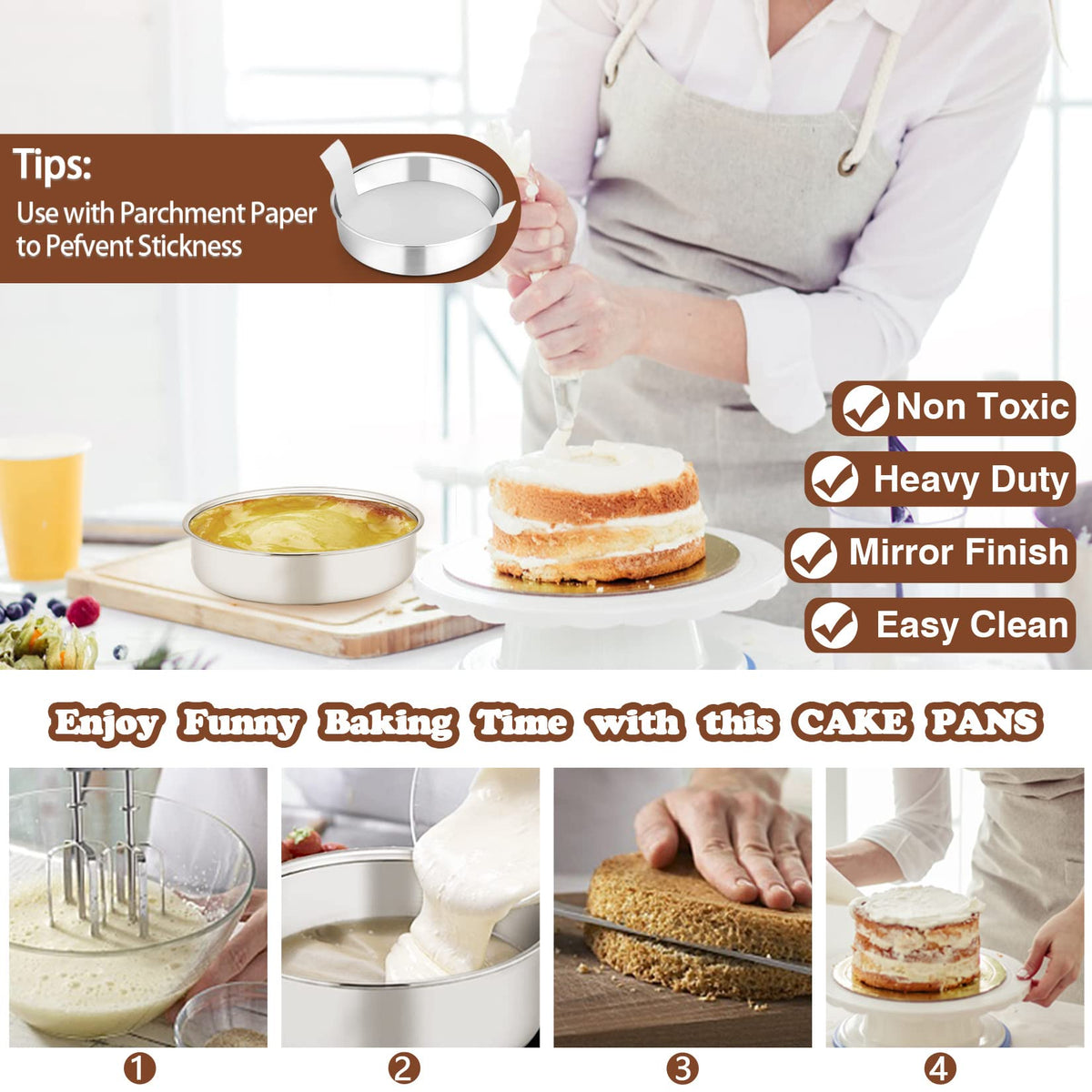 One-piece construction prevents leaks and helps bake even, uniform cakes.