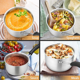 P&P CHEF saucepan with rimless pour edge for drip-free serving.