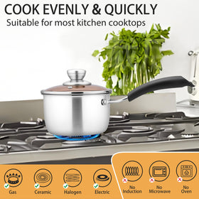 P&P CHEF saucepan with glass lid highlighting monitored simmering.