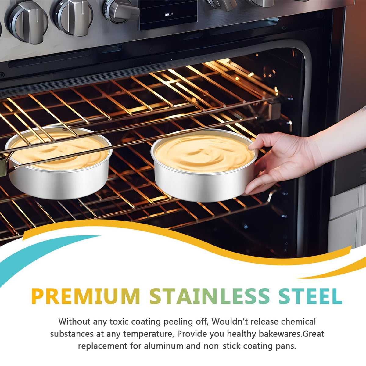 P&P CHEF stainless steel cake pans with mirror finish for easy release.