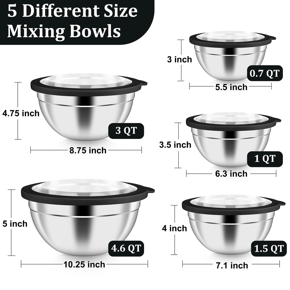 P&P CHEF stainless steel nesting bowls save space with easy stacking.