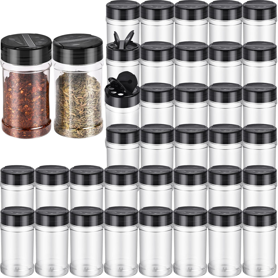 PPXHFV 36-pack spice jars with shaker lids on a kitchen shelf for organized seasonings.