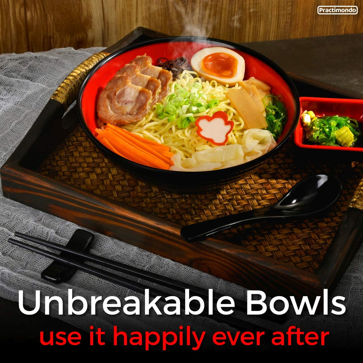 Practimondo ramen spoons and chopsticks for comfortable handling and dipping.