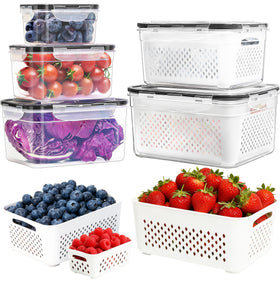 PRAKI 5-pack large fruit storage containers with removable colander for longer-lasting freshness.