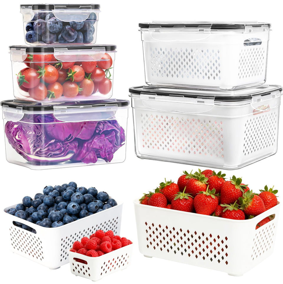 PRAKI 5-pack large fruit storage containers with removable colander for longer-lasting freshness.