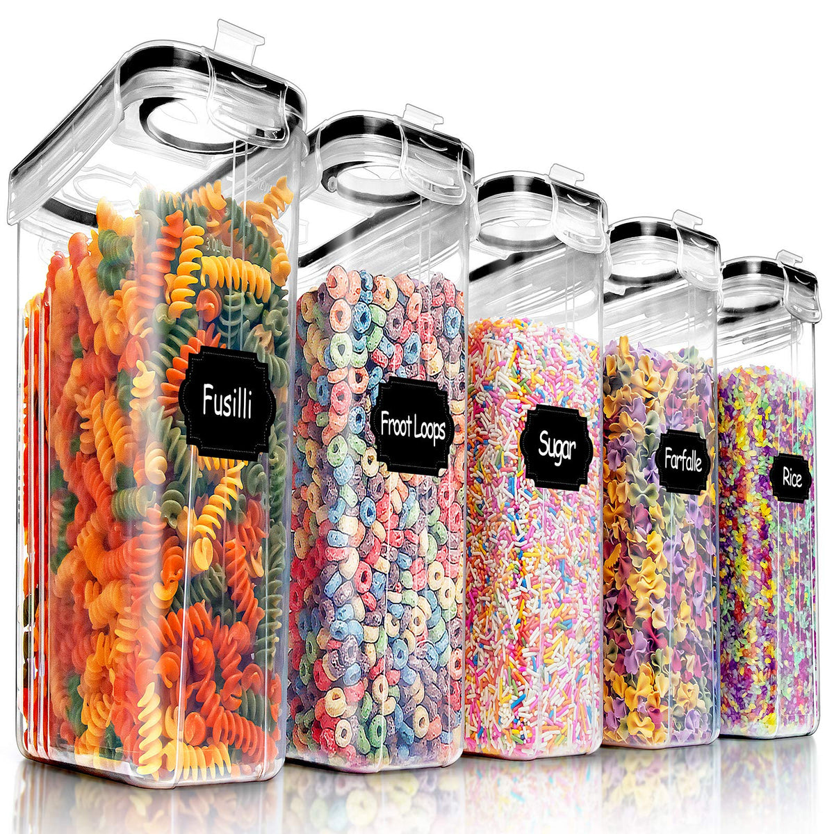 PRAKI 5-piece cereal containers set keeps pantry organized and visible.