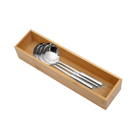 PRATIQUE bamboo drawer organizer with compartment dividers for knives, forks, and utensils.