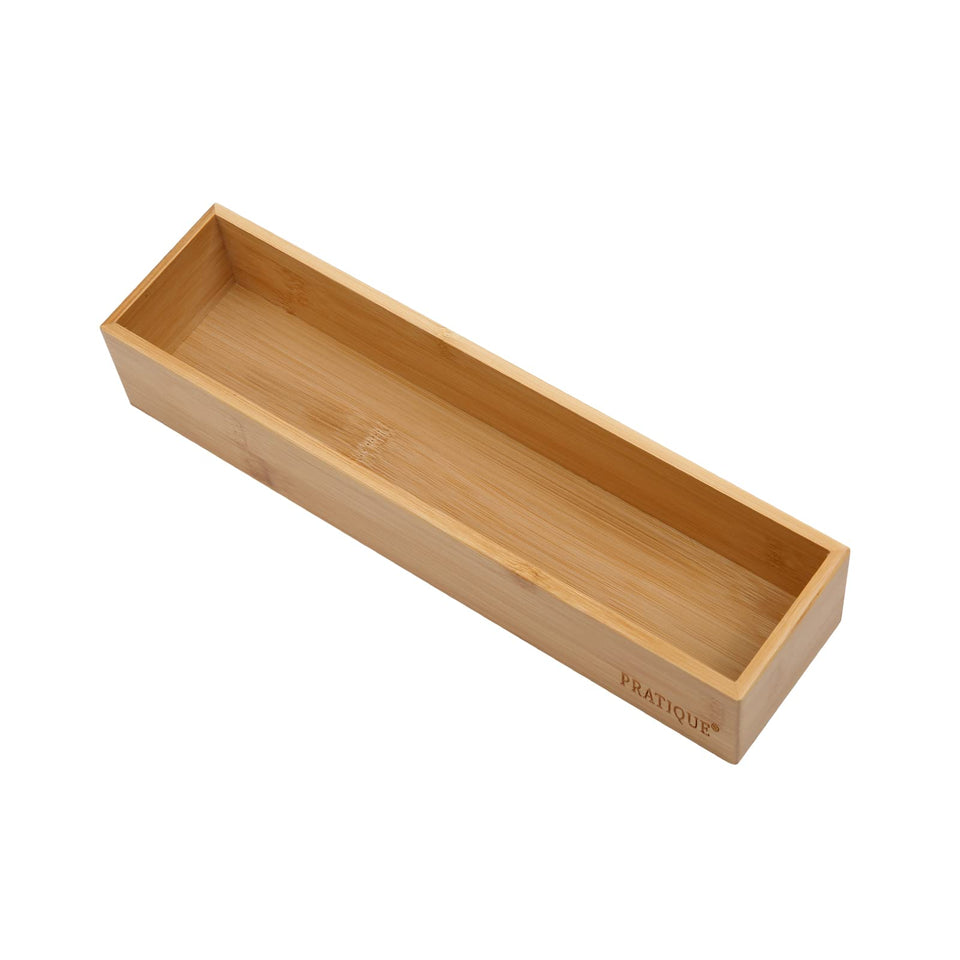 PRATIQUE bamboo drawer organizer with cutlery tray keeps spoons and forks neatly separated.