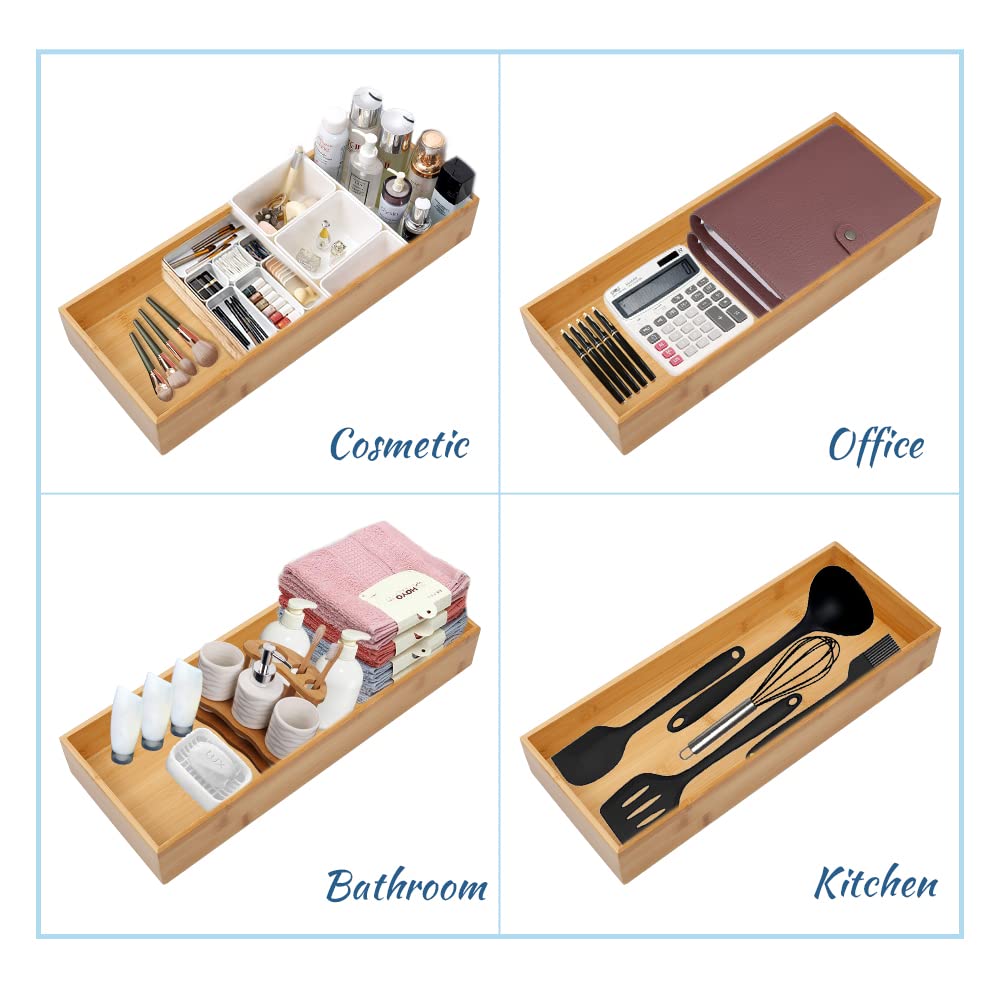 PRATIQUE bamboo drawer organizer in office drawer keeps pens and clips organized.
