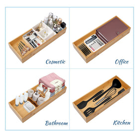 PRATIQUE bamboo drawer organizer in office drawer keeps pens and clips organized.