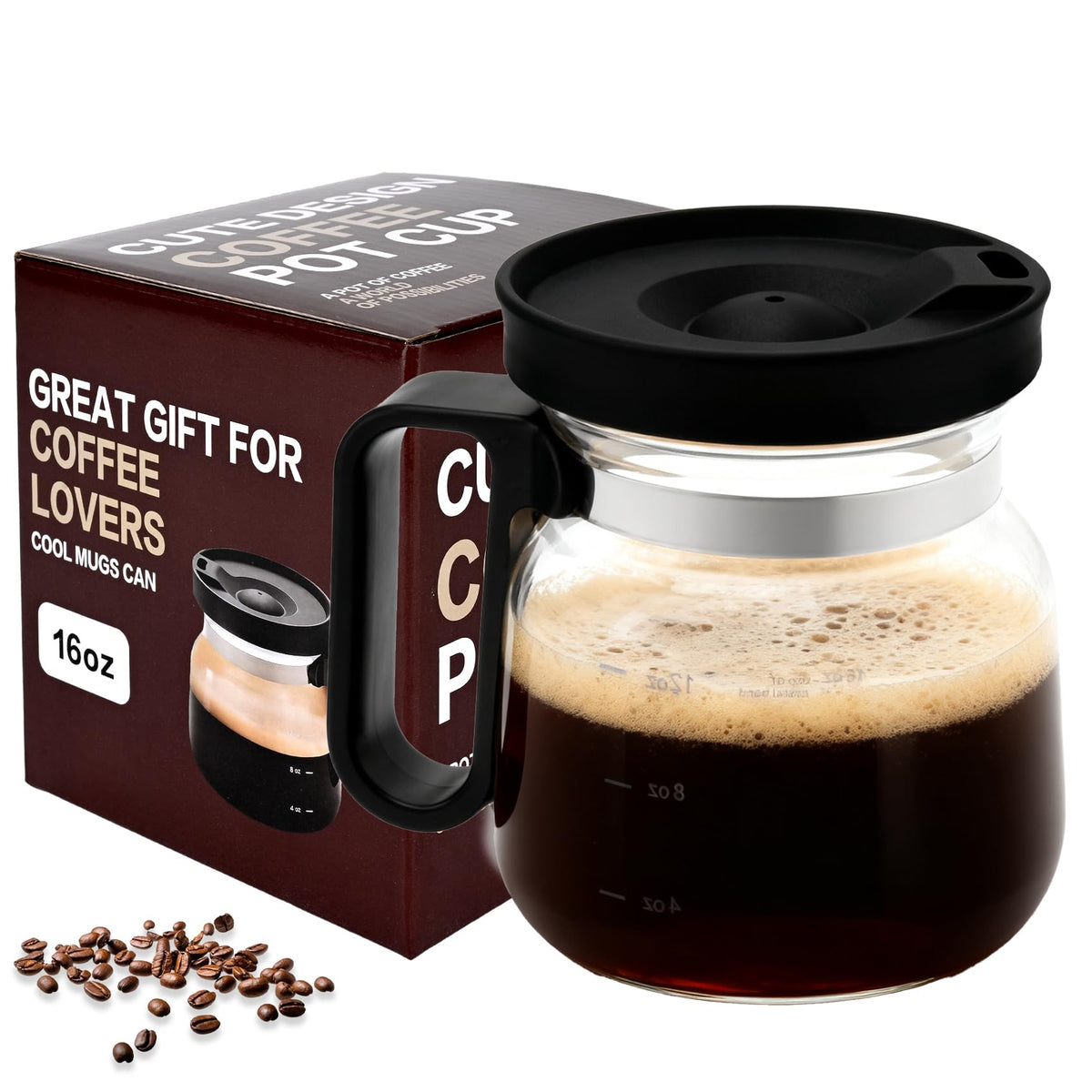 Prdingfy 16 oz glass coffee pot mug with lid shows rich coffee colors.