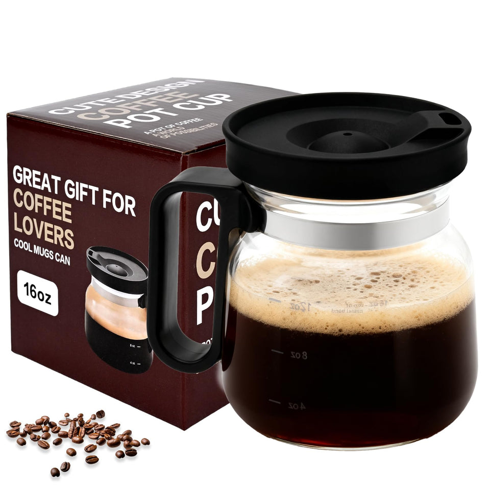 Prdingfy 16 oz glass coffee pot mug with lid shows rich coffee colors.