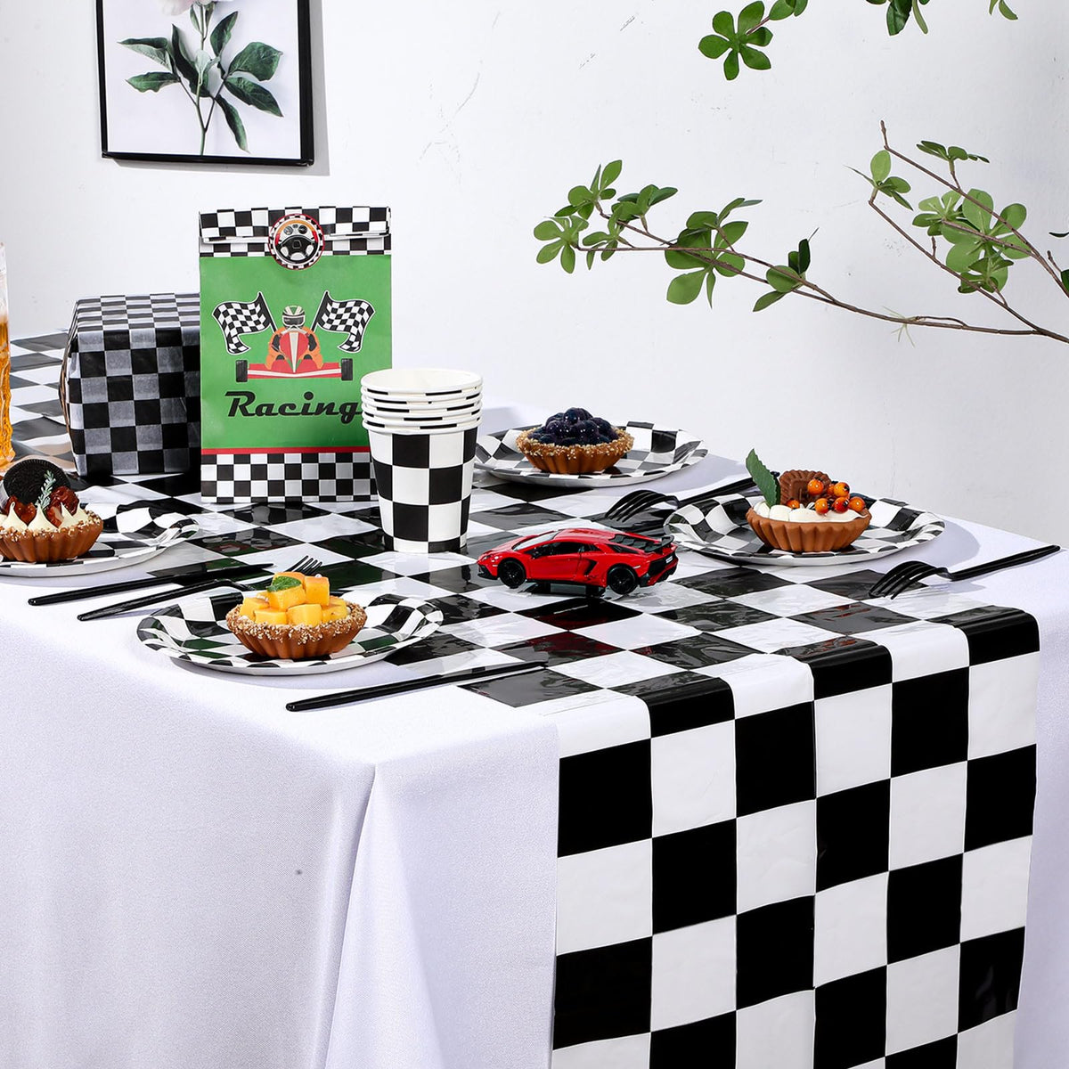 Preboun black white checker pattern runner accents the table with classic racing vibe.