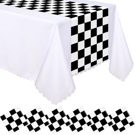 Preboun checkered table runner in black and white for racing party decor and easy cleanup.