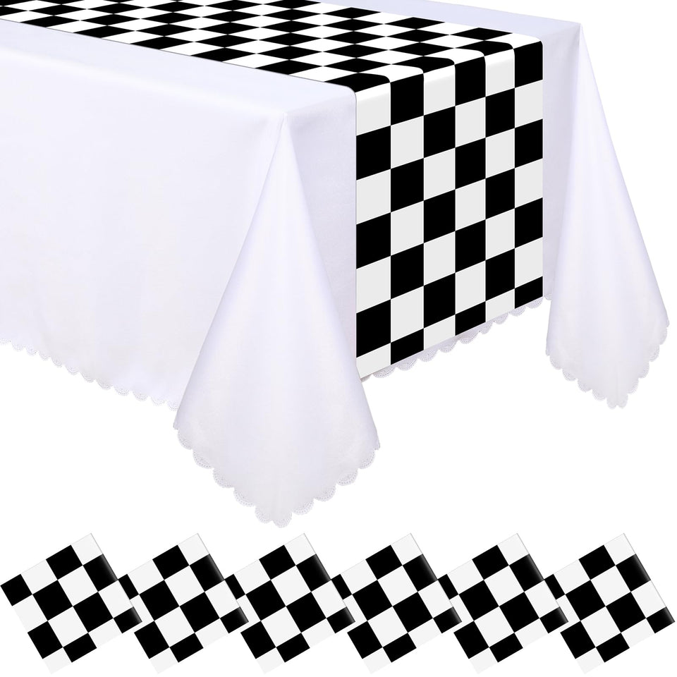Preboun checkered table runner in black and white for racing party decor and easy cleanup.