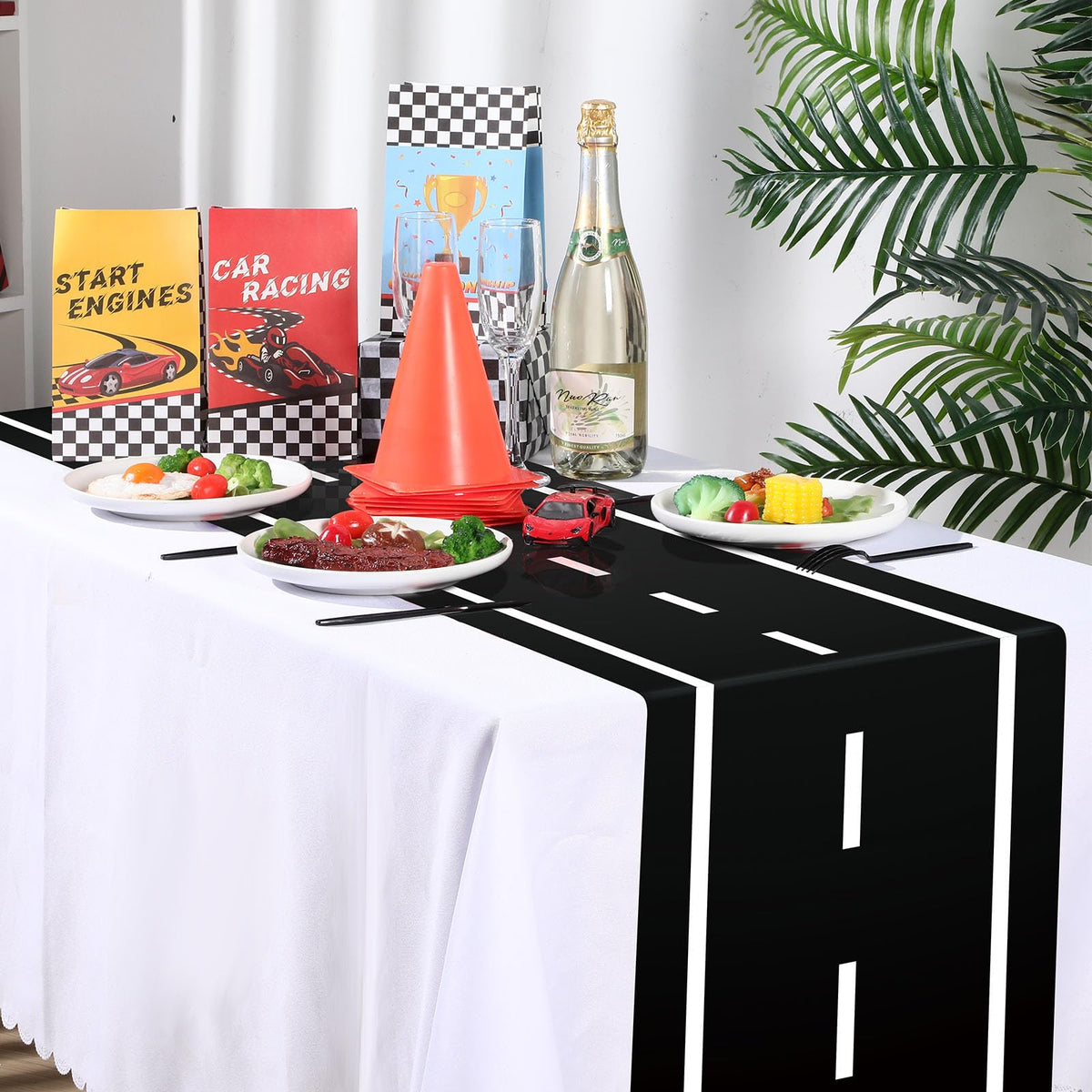 Preboun table runner featuring road design protects surfaces and simplifies post-party cleanup