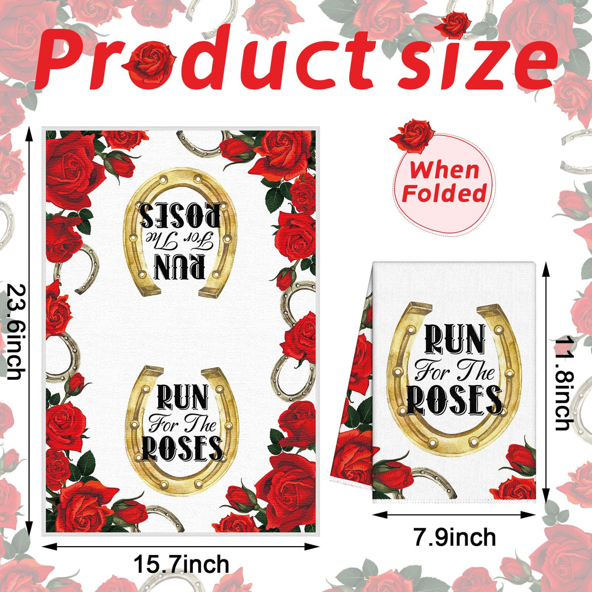 Preboun Derby towel shows jockeys and horseshoe motifs, perfect for everyday cleanup and party styling.