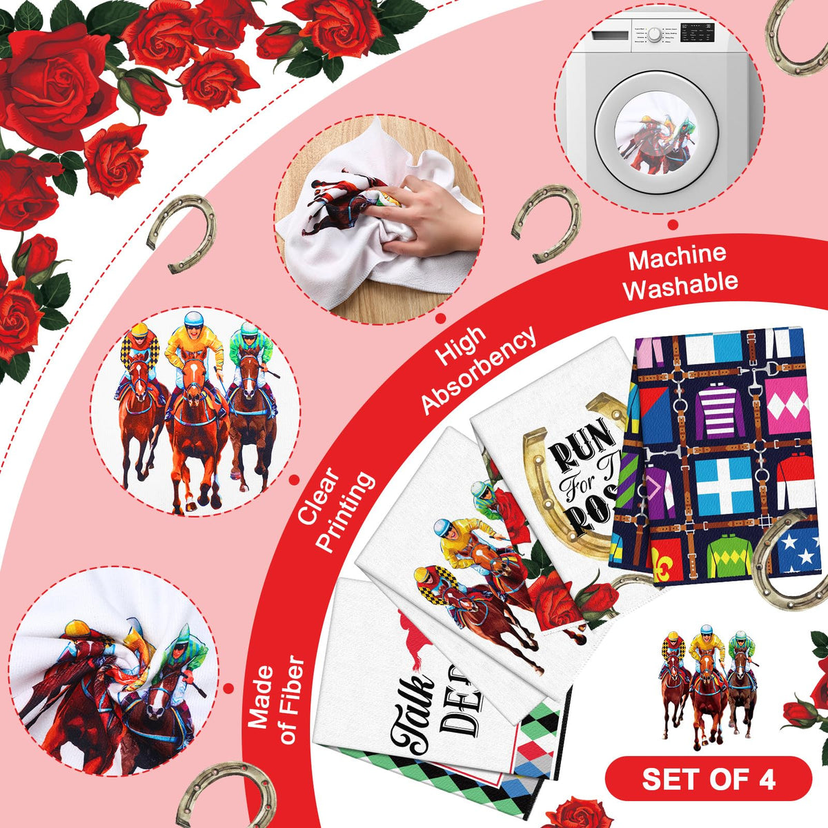 Preboun Derby kitchen towel features racehorses and roses, adding color to kitchen tasks.